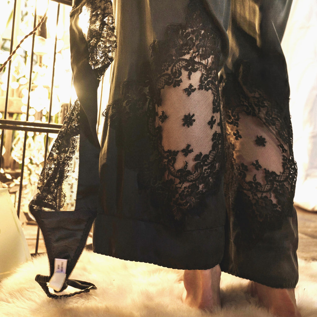black silk pyjama  bottoms pajama luxury with applique french lace at the back 
